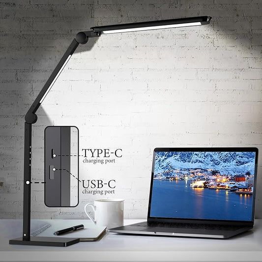 LED Desk Lamp with USB Charging Ports,Creative Touch Reading Light, with Memory Dual Light and Adjustable Swing Arm,15W 4 CCT Eye-Care Modes & 4 Brightness Levels Table Lamp for Home Office-Black - LeafyLoom