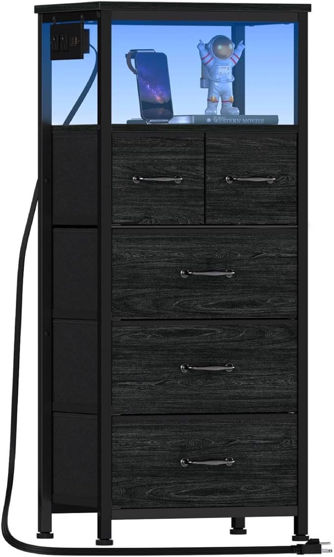 Furnulem Vertical Dresser with Charging Station and LED Lights, Black Chest of Drawers with Shelf and 5 Fabric Bins, Tall Nightstand for Entryway, Closet, Bedside Table, Wood Top, Bedroom Furniture - LeafyLoom