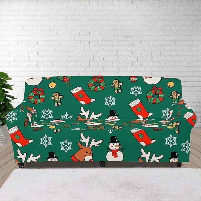 FKELYI Christmas Decorations Green Sofa Slipcover Santa Claus Stretch Sofa Couch Cover for Indoor Washable Furniture Protector with Elastic Bottom L FKELYI