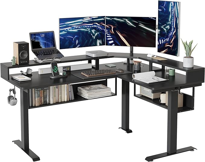 FEZIBO 63Inch L Shaped Standing Desk with Shelves, Large Storage Adjustable Desk with Triple Motors,Corner Desk Double Shelves with Light Strip, Black - LeafyLoom