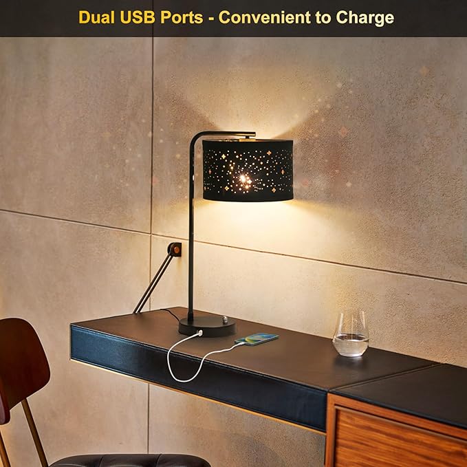 Bedside Table Lamp, Fully Dimmable Table Lamp with 2 USB Ports, Modern Nightstand Lamps with Stars Shade, USB Side Table Lamp, Tall Desk Reading Lamps for Living Room Bedroom 3000k LED Bulb Included - LeafyLoom