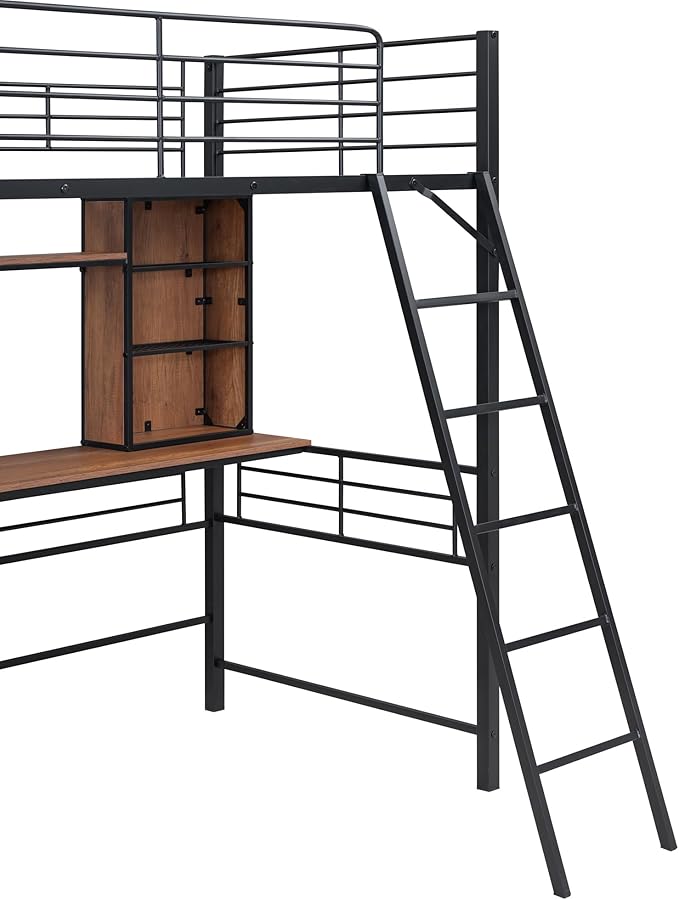 RITSU Twin Size Loft Bed with Desk and Storage Shelves, Metal BedFrame,w/Ladder & Fenced Around Guardrails, Easy Assembly, for Adults, Kids, Teens, Black - LeafyLoom