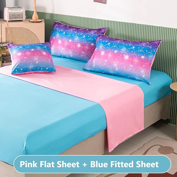 PERFEMET Pink Mermaid Comforter Set Full Size 6 Pieces Bed in A Bag Colorful Rainbow Bedding Set for Teens Girls 3D Sparkly Glitter Ombre Bed Set with Comforter and Sheets (Pink Mermaid, Full) - LeafyLoom