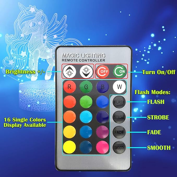 Unicorn Night Light, 3D Illusion Lamp Unicorn Lights for Kids Room, 16 Colors & Flashing Modes with Remote Control Opreated Dimmable Christmas Birthday Gifts for Boys Girls Kids Children Teen - LeafyLoom