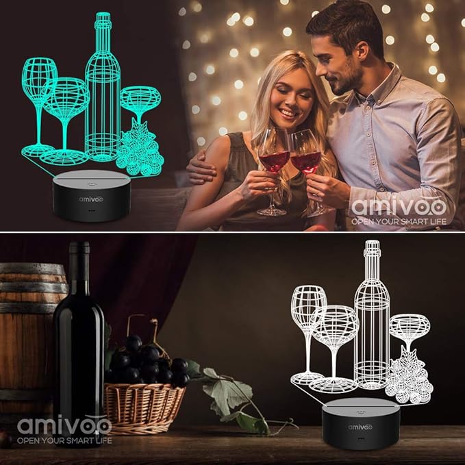 Wine Cup Wine Bottle 3D Night Light 16 Color Changing with Remote 3D Optical Illusion Lamp Birthday Christmas Gifts for Wife Husband Men Adults Home Wine Bar Christmas Decoration - LeafyLoom