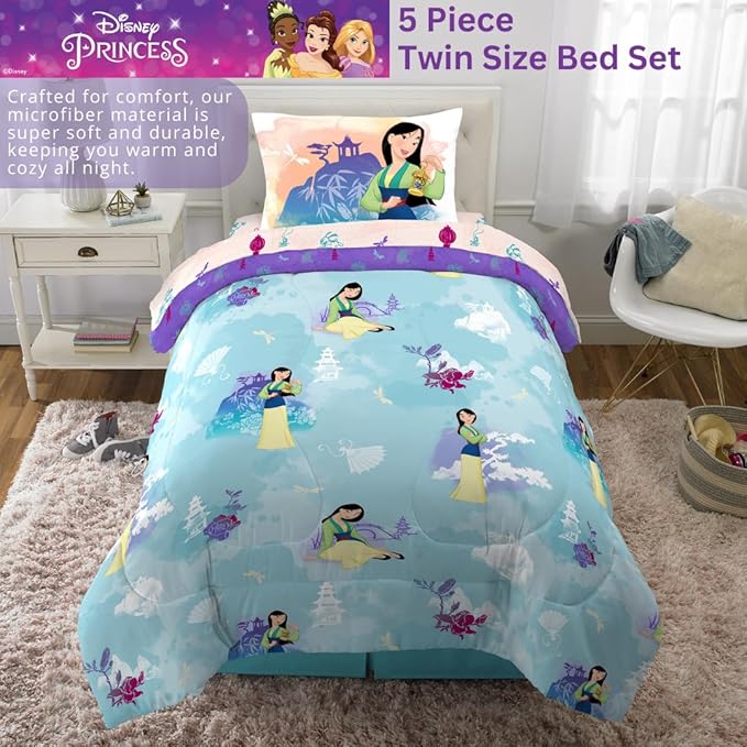 Franco Disney Princess Mulan Kids Bedding Super Soft Microfiber Comforter and Sheet Set, 4 Piece Twin Size, (Official Licensed Product) - LeafyLoom