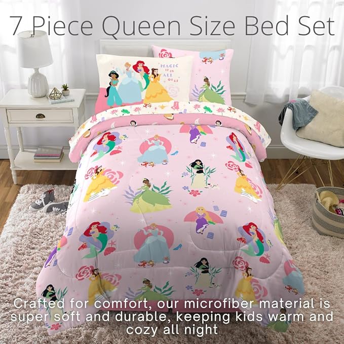 Franco Disney Princess Kids Bedding Super Soft Comforter and Sheet Set with Sham, 7 Piece Queen Size, (Officially Licensed Product) - LeafyLoom