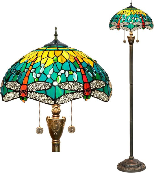 Tiffany floor lamp stained glass lamps for living room bedroom office rustic corner standing tall vintage light kids unique Pulling chain Green Dragonfly style lighting - LeafyLoom