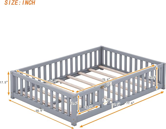 Multifunctional Full Size Floor Bed with Safety Guardrails and Door, Removable Wood Slats, Montessori Beds Frame for Toddlers, for Boys and Girls, Gray - LeafyLoom