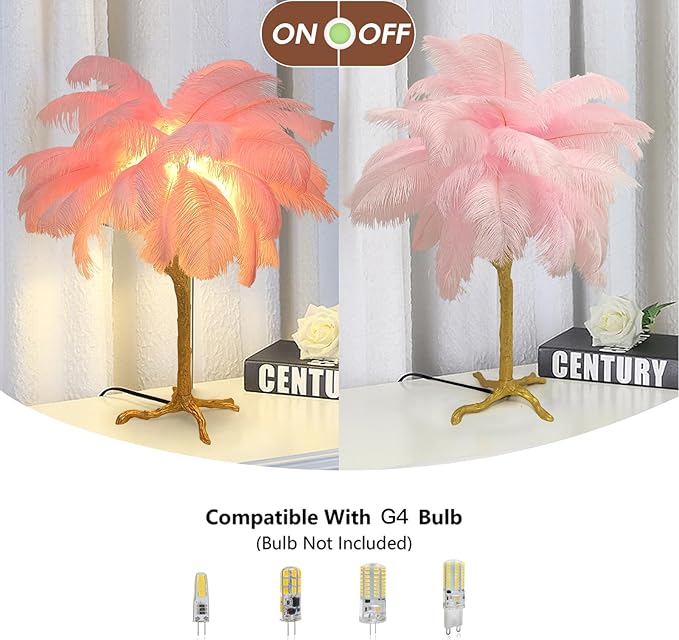 Ostrich Feather Desk Lamp Bedside Pink Cute Lamp Gold Resin Table Lamp, Coconut Tree Feather Lamp for Bedroom Living Room Hallway Wedding Girls Bedroom Night Light G4 Base - LeafyLoom