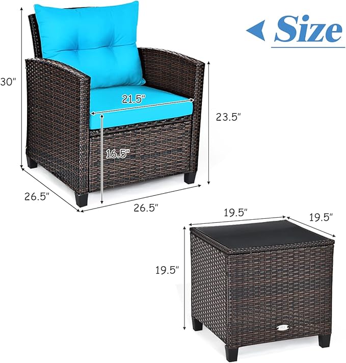 3 PCS Patio Furniture Set, OneSize, Turquoise - LeafyLoom