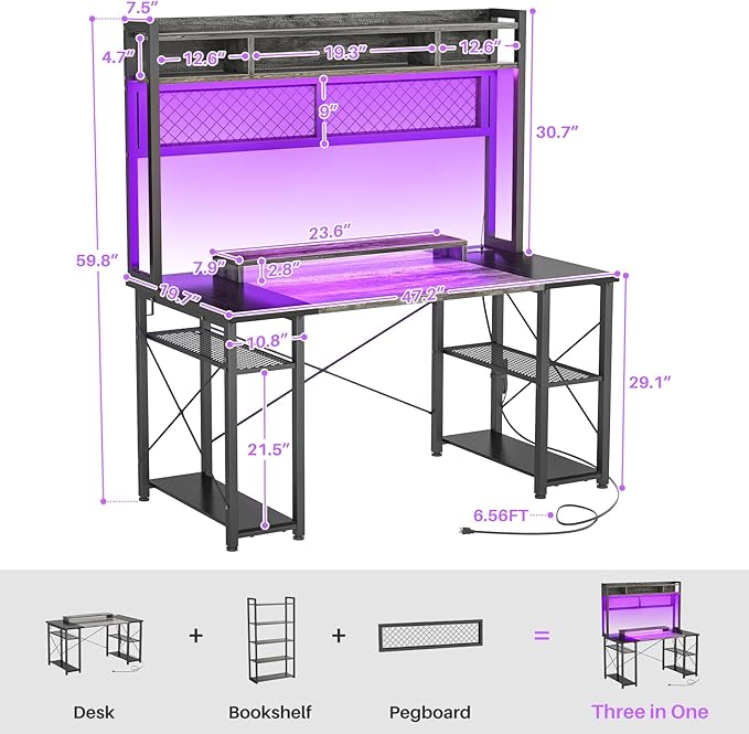 armocity 2024 Upgrade Gaming Desk with Hutch, 48'' Magic Computer Desk with LED and Outlets, Reversible Workstation Desk with Pegboard, Grey/Black - LeafyLoom