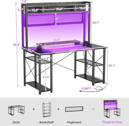 armocity 2024 Upgrade Gaming Desk with Hutch, 48'' Magic Computer Desk with LED and Outlets, Reversible Workstation Desk with Pegboard, Grey/Black - LeafyLoom