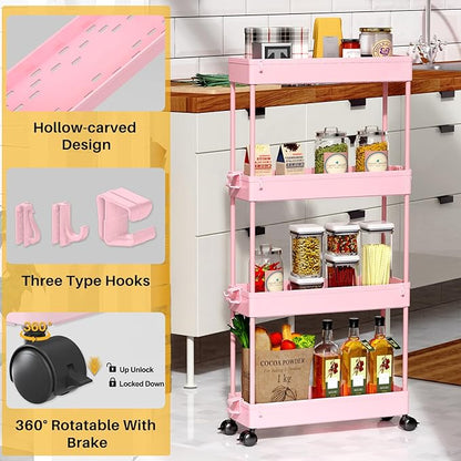 SPACEKEEPER Slim Rolling Storage Cart 4 Tier Bathroom Organizer Utility Cart Mobile Shelving Unit Tower Rack for Kitchen, Laundry Room, Bathroom, Narrow Places, Pink - LeafyLoom