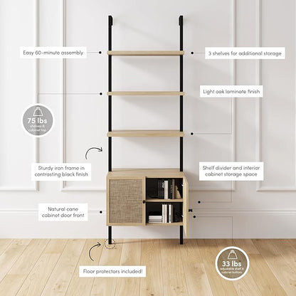 Nathan James Theo Ladder 3 tier Open Bookshelf with Rattan Drawers and Matte Steel Frame, Light Oak/Black - LeafyLoom