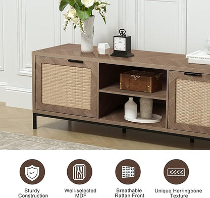 Anmytek Rattan TV Stand for 65 Inch TV Mid Century Modern Entertainment Center with Natural Rattan Door & Herringbone Texture Large TV Console Table for Living Room, Natural Oak - LeafyLoom