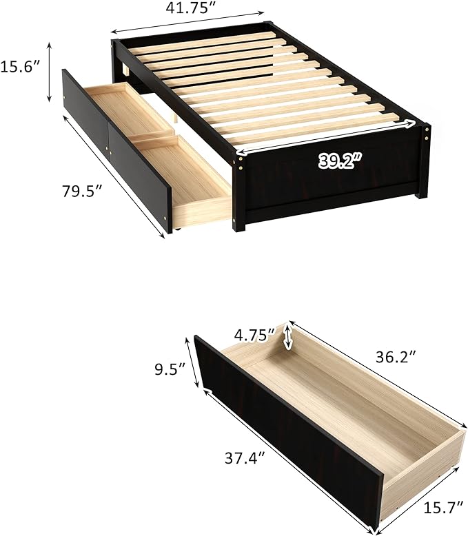 Twin Bed with 2 Storage Drawers, Solid Pinewood Twin Size Bed Frame,for Boys/Girls/Teens Bedroom, Easy to Assemble, No Box Spring Needed,Espresso - LeafyLoom