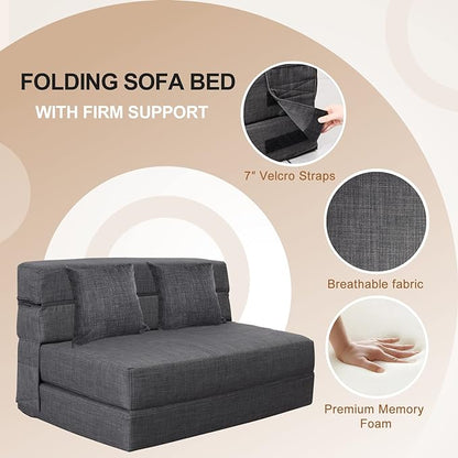 Queen Size Folding Sofa Couch Memory Foam with 2 Pillows Sleeper Chair Lazy Couch Triple Futon Convertible Guest Beds, Washable Cover,Dark Gray - LeafyLoom