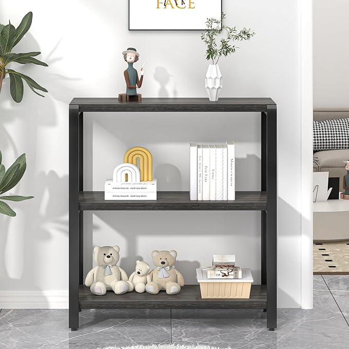 FOLUBAN Rustic Small Bookshelf and Bookcase, 3 Tier Low Short Book Shelf, Industrial Metal and Wood Book Case for Bedroom Living Room, Dark Gray - LeafyLoom