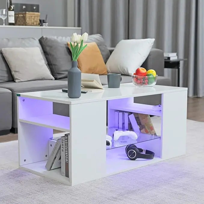 HOMMPA LED Coffee Tables for Living Room Modern White Coffee Table with 3 Shelves Open Glass Storage High Glossy Center Table Sofa Cocktail Table with 16 Colors LED Lights for Home Furniture White - LeafyLoom