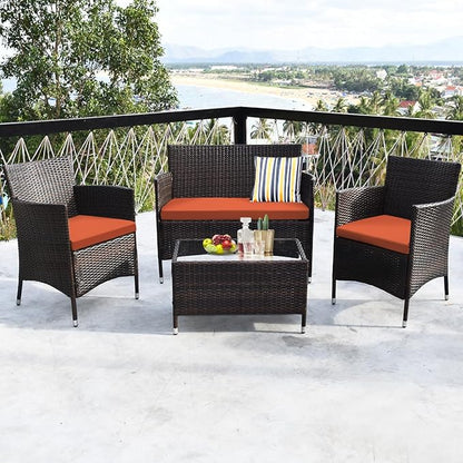 Goplus 4-Piece Rattan Patio Set, Outdoor/Indoor Wicker Conversation Set for Pool, Backyard, Lawn, Wicker Chairs and Sofa with Soft Cushion, Rattan Furniture with Tempered Glass Coffee Table - LeafyLoom