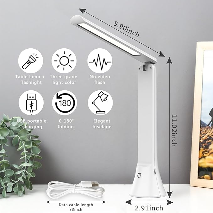 Rechargeable Desk Lamp with Flashlight Function, Battery Powered Desk Lamps for Home Office, Portable Foldable LED Desk Lamps, Cordless Desk Lamps, Small Lamps for Small Spaces, White - LeafyLoom