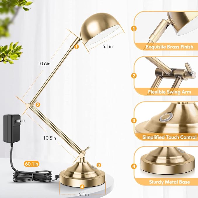 Architect Gold Desk Lamp Dimmable with USB Port, Adjustable Touch Control Vintage Desk Lamp 3 Color Modes, Brass Metal Desk Lamp Retro Style Reading Light for Home Office Desk Bedside Table - LeafyLoom