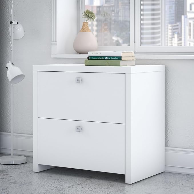 Bush Business Furniture Echo Lateral File Cabinet in Pure White with Satin Silver Handles, Home Office Storage for Letter, Legal, and A4-size Documents - LeafyLoom