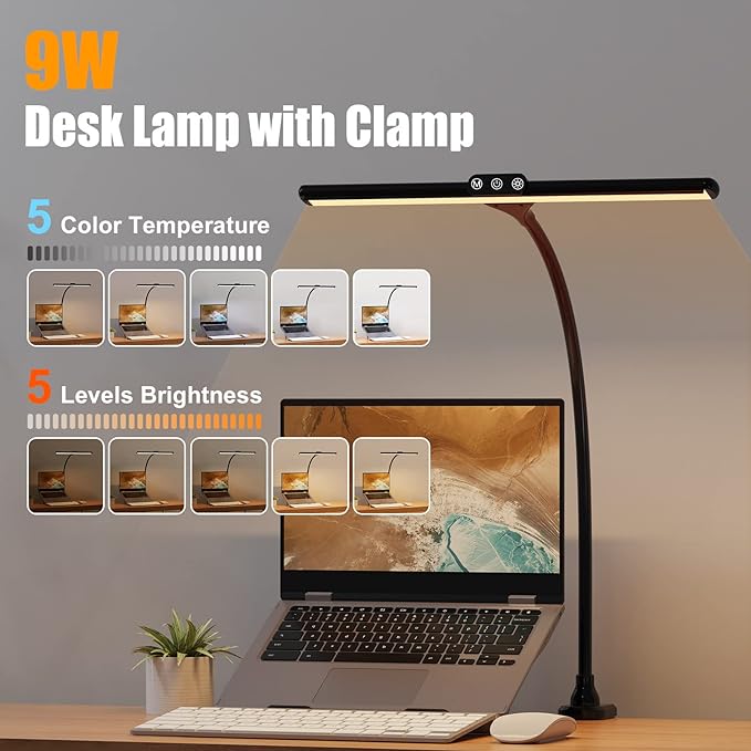 Desk Lamps for Home Office, Architect Desk Lamp with Clamp, LED Desktop Lamp Dimmable, Bright Office Lighting, 9W Modern Desk Lamp Led (Black) - LeafyLoom