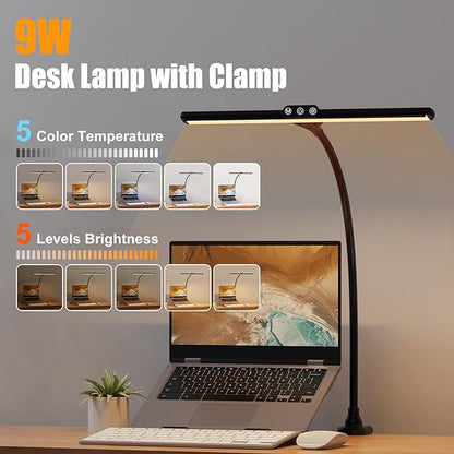 Desk Lamps for Home Office, Architect Desk Lamp with Clamp, LED Desktop Lamp Dimmable, Bright Office Lighting, 9W Modern Desk Lamp Led (Black) - LeafyLoom