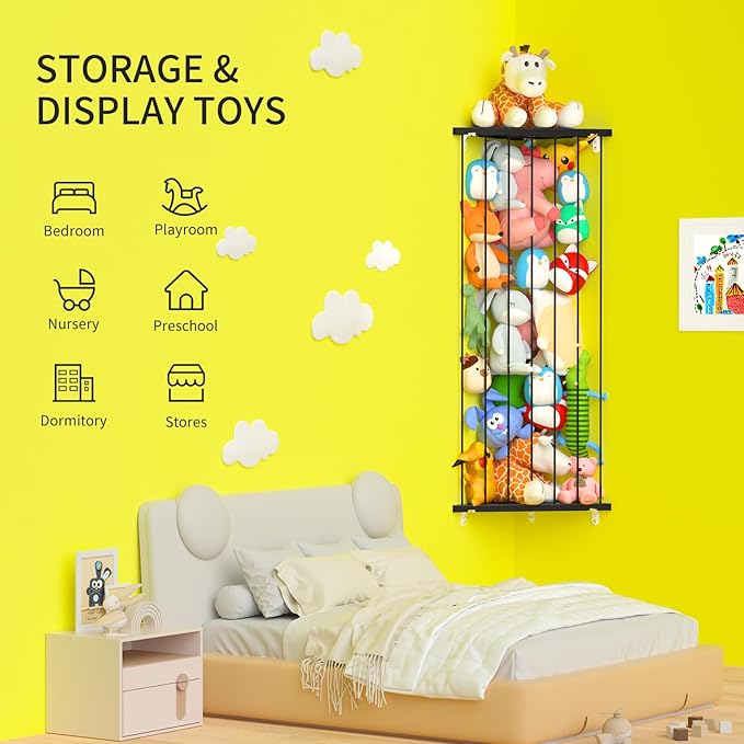 Stuffed Animal Storage Toy Organizer: Corner Stuff Animals Holder for Wall with Adjustable Length - Kids Plush Toys Storage for Nursery Playroom Bedroom Kids Room(Black) - LeafyLoom