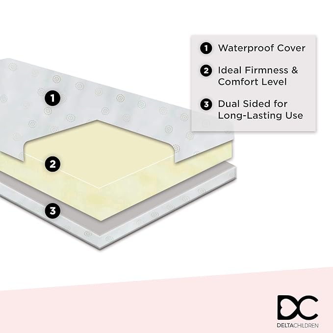 Delta Children Essex 4-in-1 Convertible Baby Crib, Bianca White with Natural Legs + Delta Children Twinkle Galaxy Dual Sided Recycled Fiber Core Crib and Toddler Mattress (Bundle) - LeafyLoom