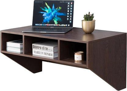 Wall Mounted Office Computer Desk with Three Compartments, Brown - LeafyLoom