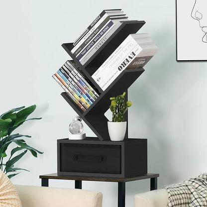 Small Book Shelf with Drawer,4 Tier Black Tree Bookshelf,Wooden Desktop Bookcase,Modern Desk Display Storage Bookshelves,Floor Standing Organizer Bookcases for Living Room,Bedroom,Office - LeafyLoom