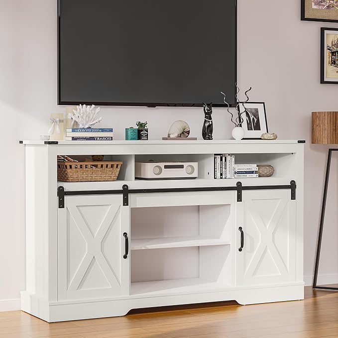 Farmhouse TV Stand for 23" Fireplace, 34'' Tall Entertainment Center for 65+ Inch TV, Rustic TV Console with Sliding Bar Door for Living Room (White) - LeafyLoom