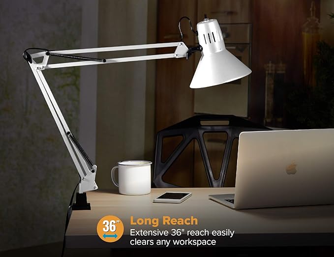 Bostitch Office VLF100-WHT Swing Arm Desk Lamp with Clamp Mount, 36" Reach with Multi-Joint Adjustment, Includes Replaceable LED Bulb (VLF), White - LeafyLoom