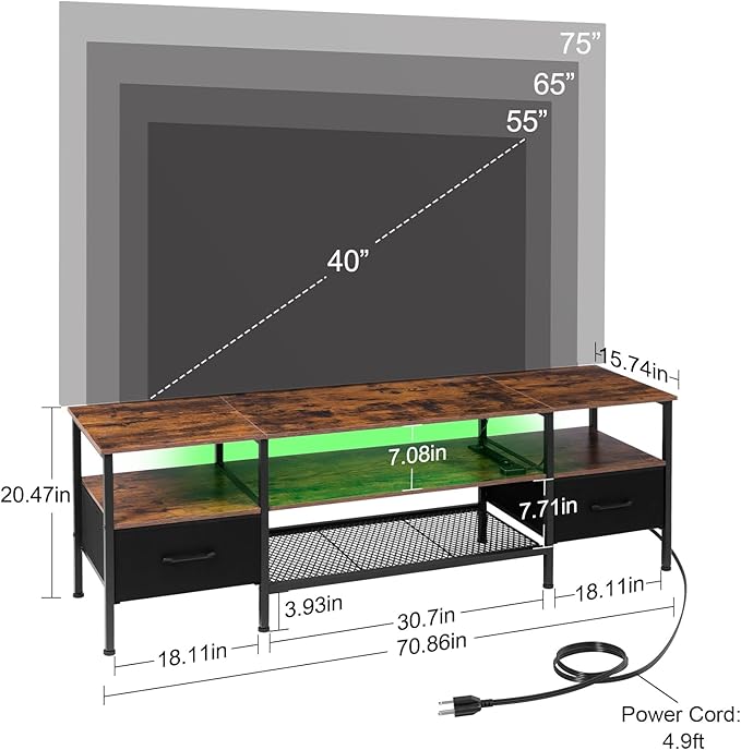 TV Stand for 50/55/60/65/70/75 inch TV, LED Entertainment Center with Charging Station, Long TV Table with Storage Drawer and Shelf, TV Console for Living Room Bedroom, Rustic Brown, HTS082BR - LeafyLoom