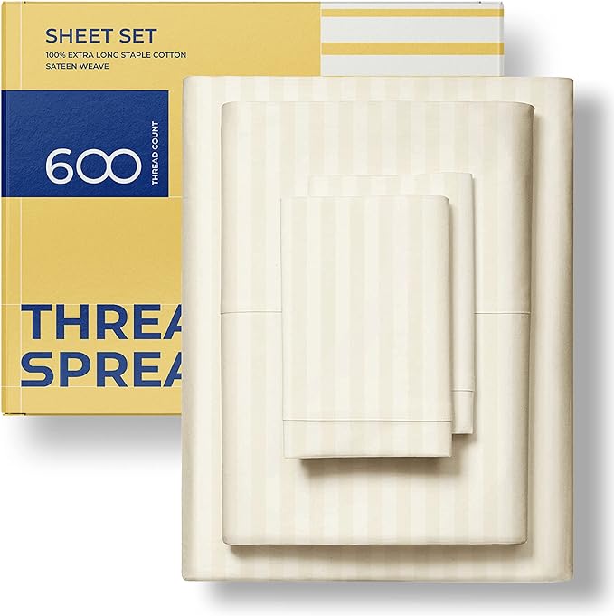 THREAD SPREAD Striped Egyptian Cotton Sheets Twin XL Size - 600 Thread Count 3 PC Damask Twin XL Sheets Deep Pockets, Sateen Weave College Dorm Bedding Twin XL, Fits Mattress upto 18" - Ivory Stripe - LeafyLoom