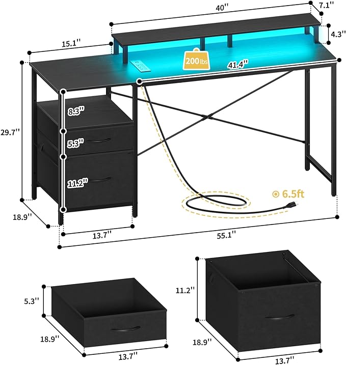 Yoobure Computer Desk, Gaming Desk with LED Lights & Power Outlets, Office Desk with Fabric File Cabinets, 55.1" Gaming Table with Long Monitor Stand, PC Gamer Desk with Drawers for Home office, Black - LeafyLoom