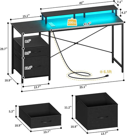 Yoobure Computer Desk, Gaming Desk with LED Lights & Power Outlets, Office Desk with Fabric File Cabinets, 55.1" Gaming Table with Long Monitor Stand, PC Gamer Desk with Drawers for Home office, Black - LeafyLoom