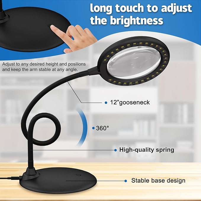 Magnifying Glass with Light and Stand, 5X Desk Magnifying Desk Lamp, Table Magnifier Lamp for Senior Close Work Reading Crafts - LeafyLoom