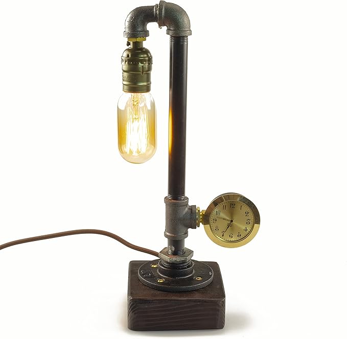 Steampunk Lamp with Dimmer, Dimmable Loft Style Industrial Vintage Antique Style Light with Bulb, Wood Base with Iron Piping Desk Lamp, Retro Desk Lamp LL-035 - LeafyLoom