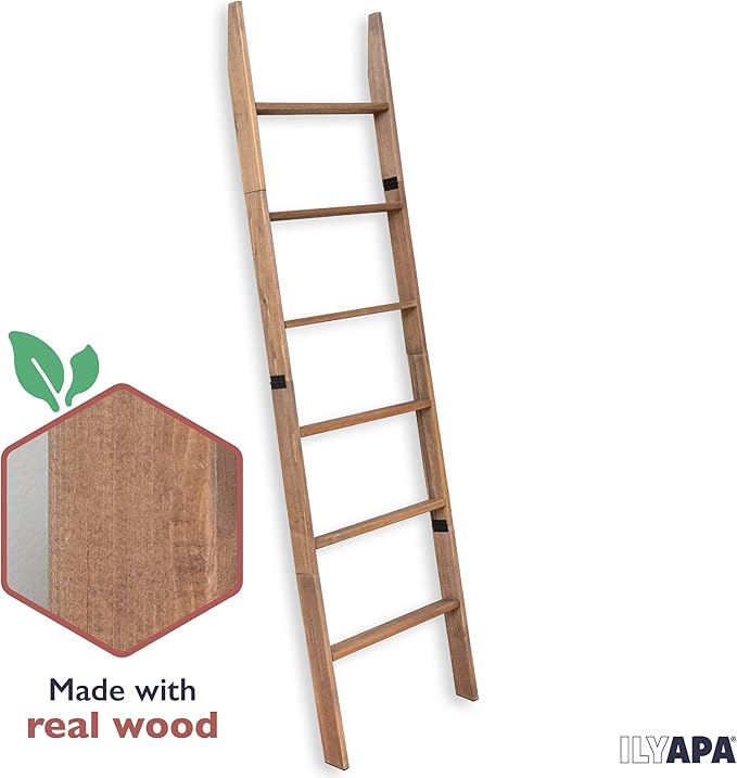 Ilyapa Blanket Ladder for The Living-Room - Rustic Decorative Quilt Ladder with Folding Construction for Easy Storage, Brown Weathered Wood - LeafyLoom