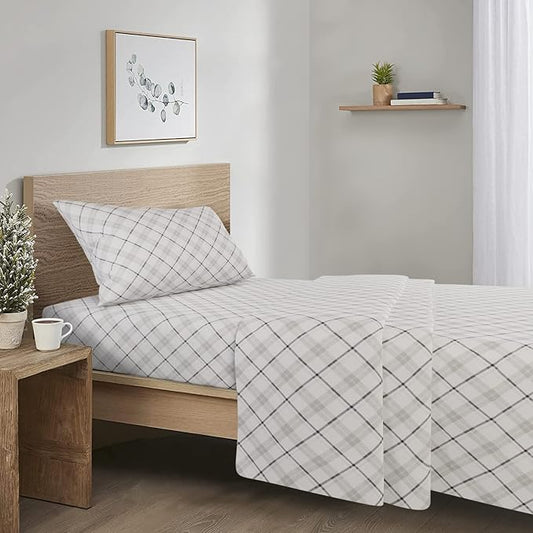 Comfort Spaces Cotton Flannel Breathable Warm Deep Pocket Sheets With Pillow Case Bedding, Twin, Grey Plaid, 3 Piece - LeafyLoom