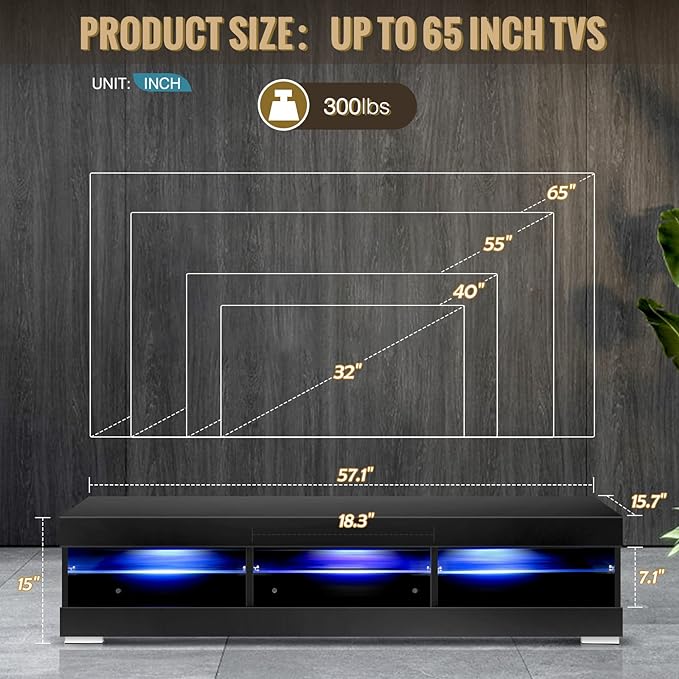 HOMMPA LED TV Stand with LED Lights for 65 inch TV Modern Entertainment Center with Storage 57" Black TV Console with Glass Shelves for Living Room 15" Tall - LeafyLoom