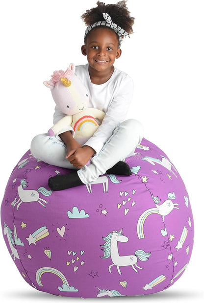 Creative QT Stuff ’n Sit Large 33’’ Bean Bag Storage Cover for Stuffed Animals & Toys – Purple Unicorn Print – Toddler & Kids’ Rooms Organizer – Beanbag Makes Great Plush Toy Hammock Alternative - LeafyLoom