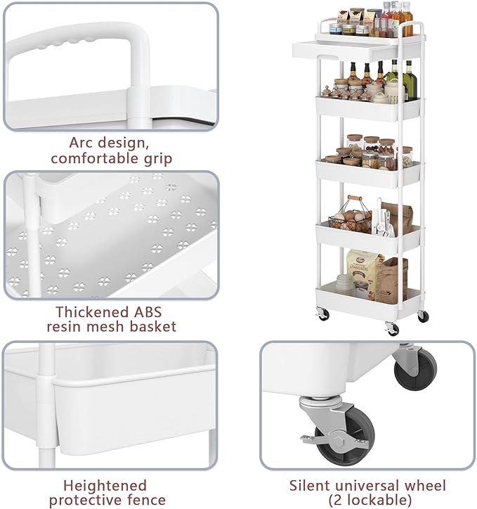 5-Tier Rolling Utility Cart，Trolley with Drawer, Multifunctional Storage Organizer with Plastic Shelf & Metal Wheels, Storage Cart for Living Room, Kitchen, Office, Bathroom, White - LeafyLoom