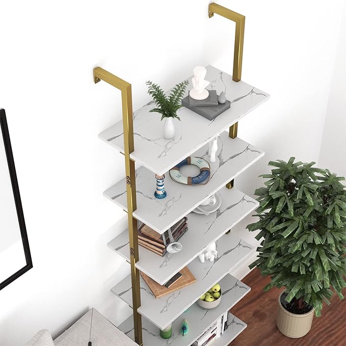 Ladder Shelf 6 Tiers Marble White Modern Bookshelf Open Tall Wall Mount Bookcase Standing Leaning Wall Shelves Industrial Decorative Living Room Bed Room - LeafyLoom