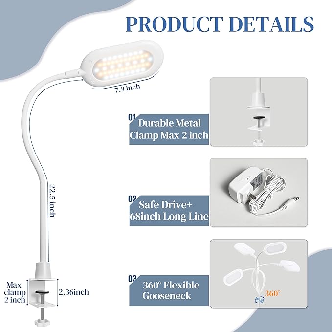 LED Desk Clamp Lamp, Eye Care Table Light Bright Enough for 700 Lumen, 10W Dimmable & 3 Color Modes, Flexible Gooseneck Touch Desk Lights for Home/Office/Reading/Work (White) - LeafyLoom