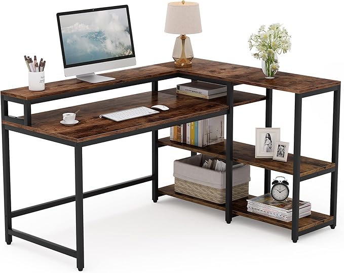 Reversible L Shaped Computer Desk with Storage Shelf, Industrial Corner Desk with Monitor Stand for Home Office - LeafyLoom